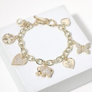 14K Gold Plated CZ Stone Elephant Heart Butterfly Clover Pearl Charm Bracelet